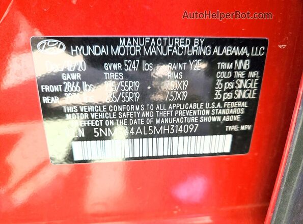 5NMS44AL5MH314097 2021 HYUNDAI SANTA Red VIN sticker view
