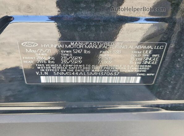 5NMS44AL5MH370637 2021 HYUNDAI SANTA Black Engine compartment view