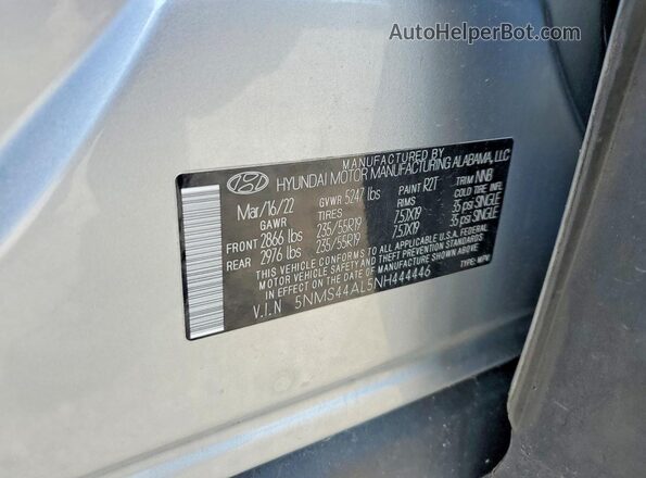 5NMS44AL5NH444446 2022 HYUNDAI SANTA Silver Vista interior de 360 grados