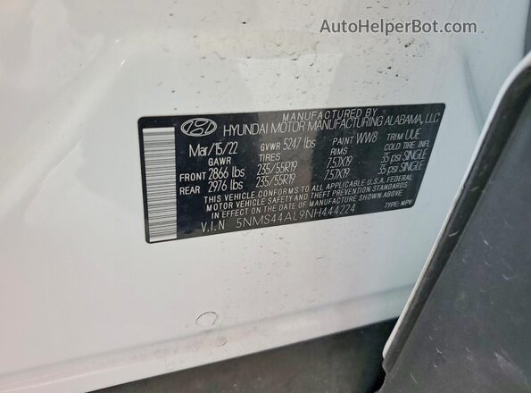5NMS44AL9NH444224 2022 HYUNDAI SANTA Белый Панорамный вид салона 360°