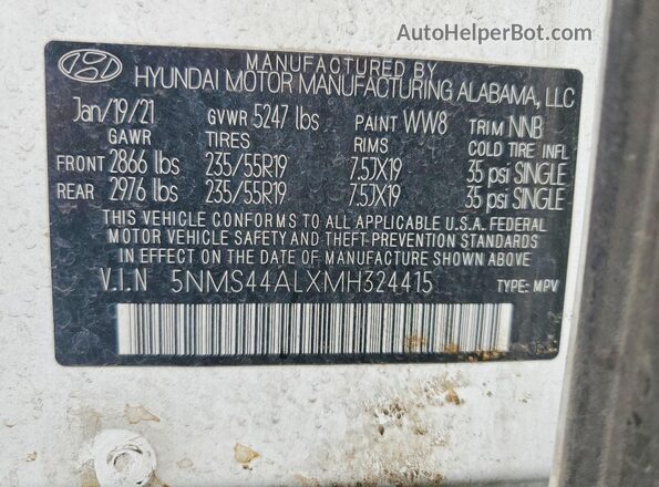 5NMS44ALXMH324415 2021 HYUNDAI SANTA White VIN კოდის სტიკერის ხედი