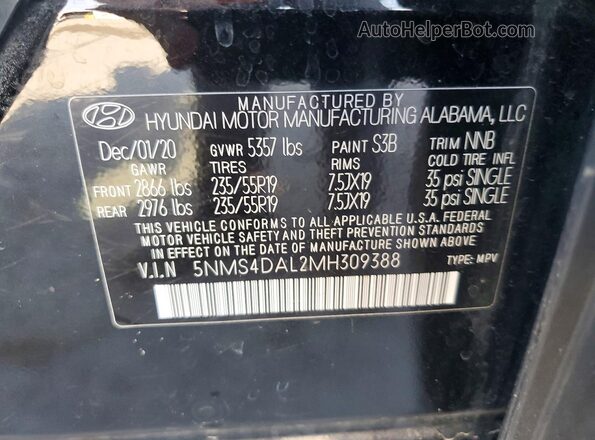 5NMS4DAL2MH309388 2021 HYUNDAI SANTA Black Widok naklejki z numerem VIN