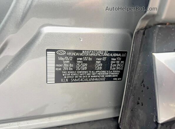 5NMS4DAL6NH462602 2022 HYUNDAI SANTA Silver Vista del compartimento del motor