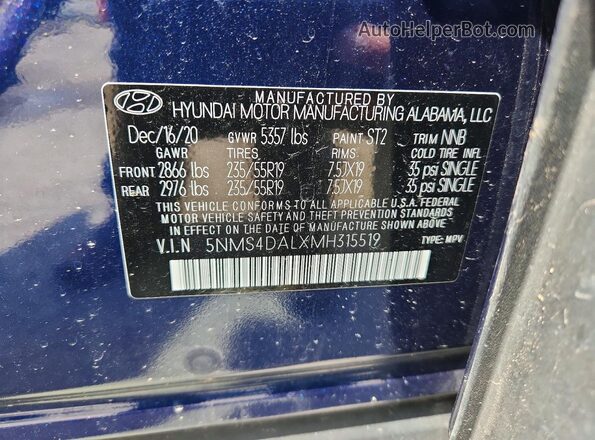 5NMS4DALXMH315519 2021 HYUNDAI SANTA Синий Панорамный вид салона 360°