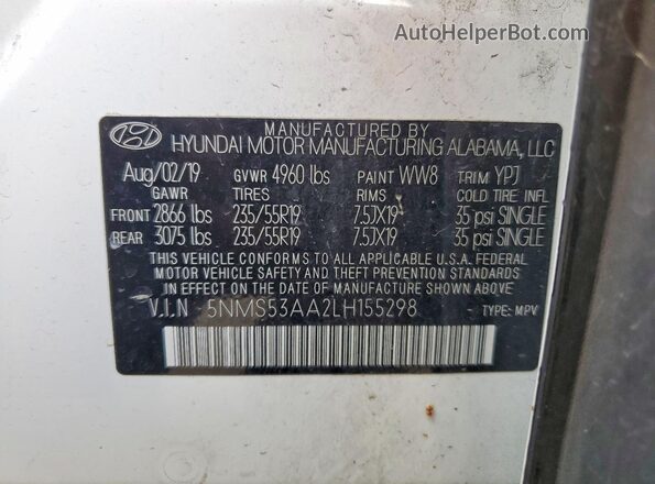 5NMS53AA2LH155298 2020 HYUNDAI SANTA White Սալոնի 360 աստիճան տեսք