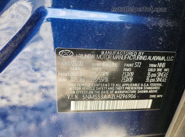 5NMS53AA2LH296906 2020 HYUNDAI SANTA Blue Widok komory silnika