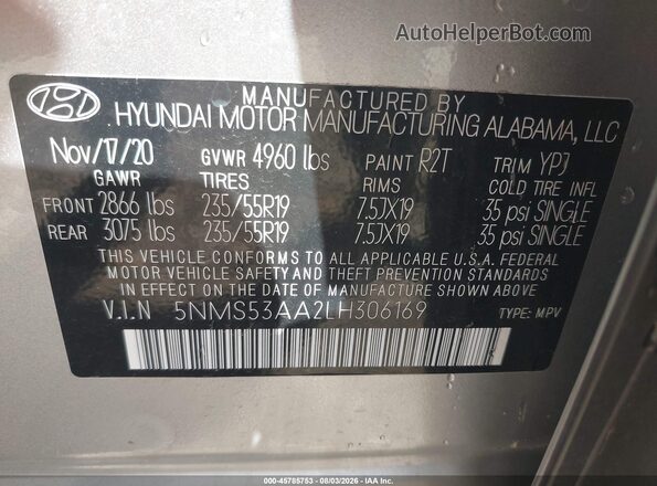 5NMS53AA2LH306169 2020 HYUNDAI SANTA FE Silver Engine compartment view