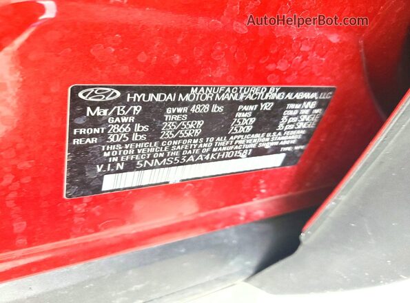 5NMS53AA4KH101581 2019 HYUNDAI SANTA Red Widok wnętrza 360 stopni