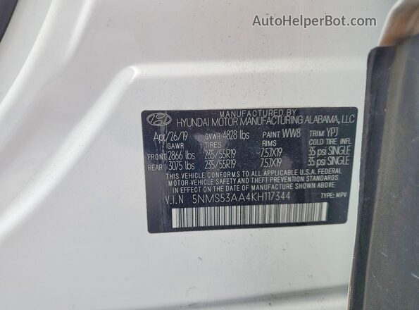 5NMS53AA4KH117344 2019 HYUNDAI SANTA White Widok wnętrza 360 stopni