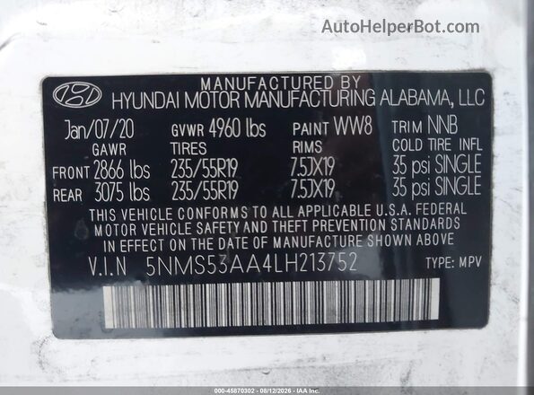 5NMS53AA4LH213752 2020 HYUNDAI SANTA FE White Շարժիչի բաժամունքի տեսք
