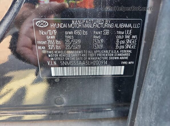 5NMS53AA5LH200914 2020 HYUNDAI SANTA Black VIN sticker view