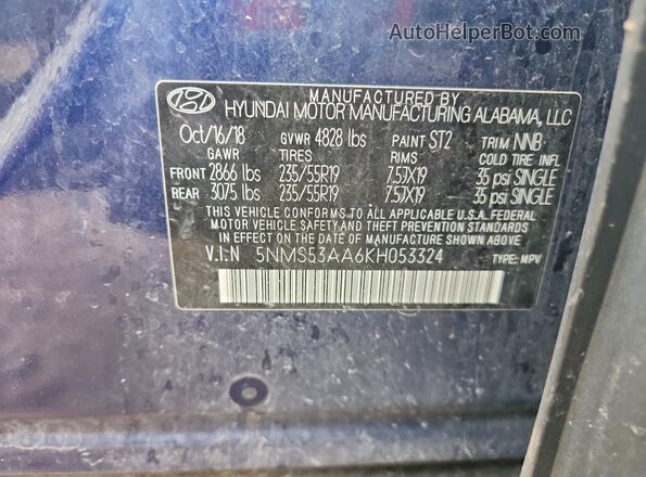 5NMS53AA6KH053324 2019 HYUNDAI SANTA FE Синий Вид наклейки с VIN-кодом