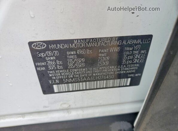 5NMS53AA6LH276450 2020 HYUNDAI SANTA White Vista de la etiqueta del VIN