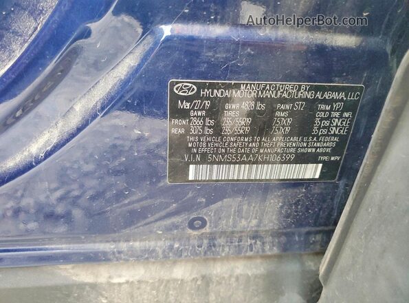 5NMS53AA7KH106399 2019 HYUNDAI SANTA Blue VIN կոդի պիտակի տեսք
