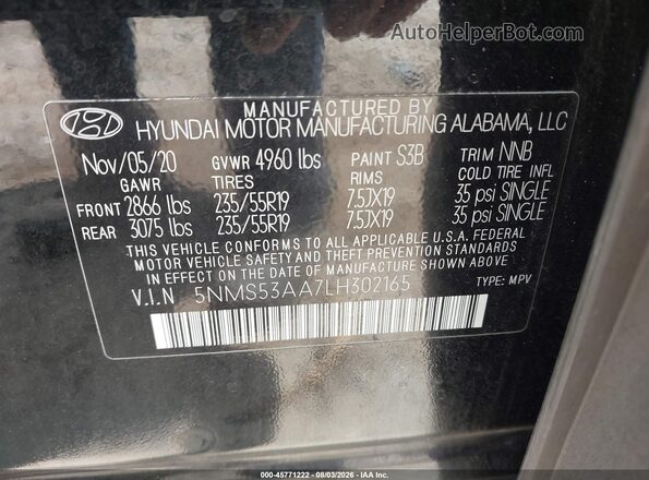5NMS53AA7LH302165 2020 HYUNDAI SANTA FE Черный Вид подкапотного пространства