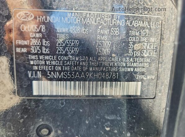 5NMS53AA9KH048781 2019 HYUNDAI SANTA Black VIN კოდის სტიკერის ხედი