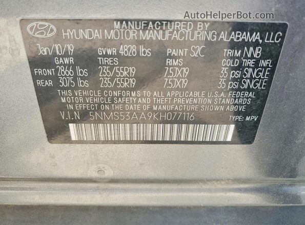 5NMS53AA9KH077116 2019 HYUNDAI SANTA Gray VIN კოდის სტიკერის ხედი