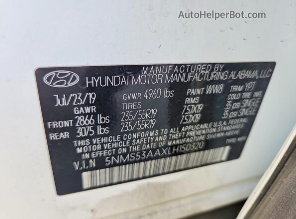 5NMS53AAXLH150320 2020 HYUNDAI SANTA White VIN կոդի պիտակի տեսք