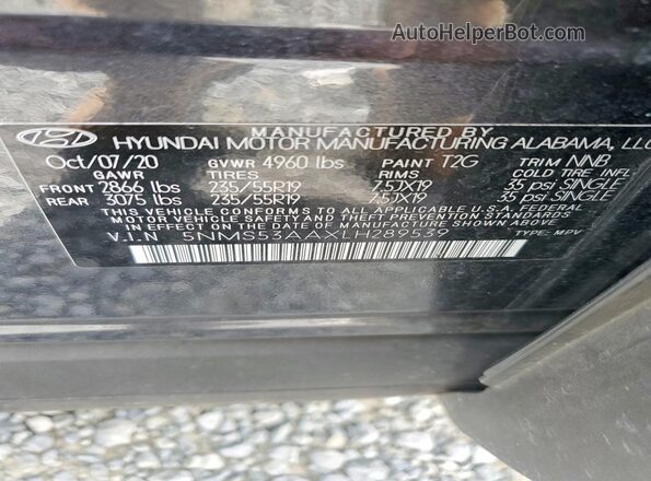 5NMS53AAXLH289539 2020 HYUNDAI SANTA Угольный Вид наклейки с VIN-кодом