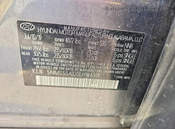 5NMS53AD0LH144519 2020 HYUNDAI SANTA Серый Панорамный вид салона 360°