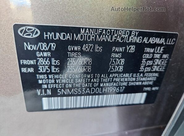 5NMS53AD0LH199617 2020 HYUNDAI SANTA Gray Вид наклейки з VIN-кодом