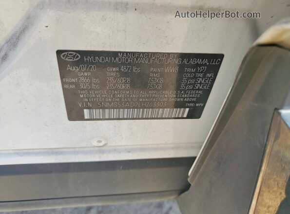 5NMS53AD2LH263303 2020 HYUNDAI SANTA White ძრავის განყოფილების ხედი