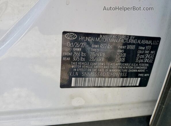 5NMS53AD3LH297833 2020 HYUNDAI SANTA White VIN კოდის სტიკერის ხედი