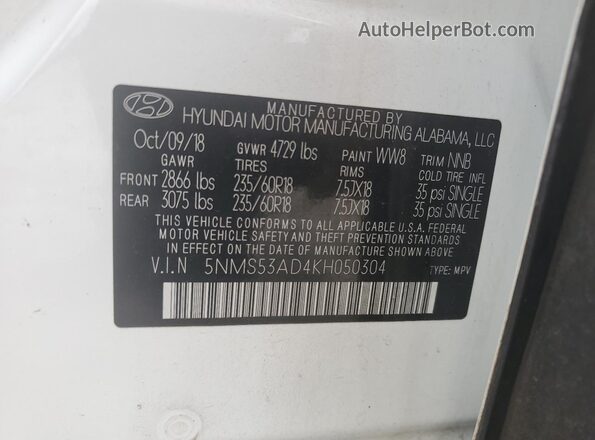 5NMS53AD4KH050304 2019 HYUNDAI SANTA White VIN კოდის სტიკერის ხედი