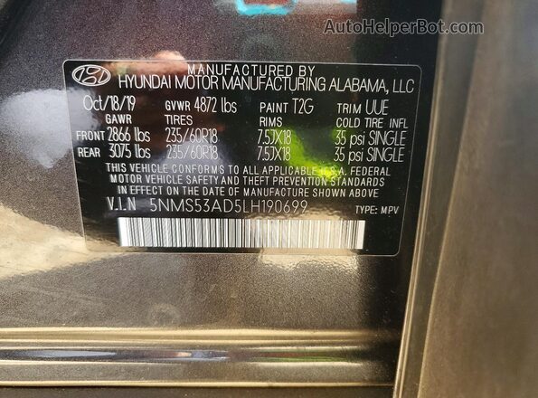 5NMS53AD5LH190699 2020 HYUNDAI SANTA Gray VIN კოდის სტიკერის ხედი