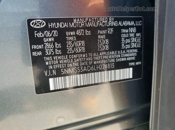 5NMS53AD6LH224813 2020 HYUNDAI SANTA Gray VIN sticker view