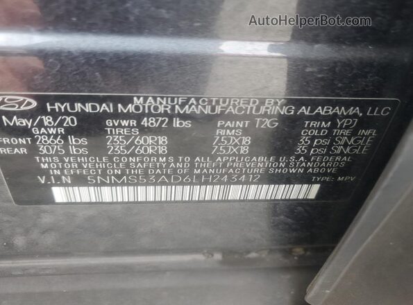 5NMS53AD6LH243412 2020 HYUNDAI SANTA Gray Widok komory silnika