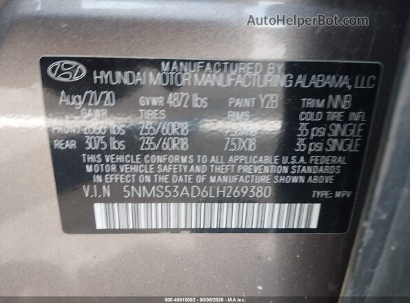 5NMS53AD6LH269380 2020 HYUNDAI SANTA FE Brown Widok komory silnika