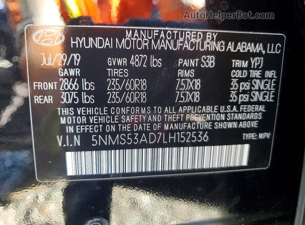 5NMS53AD7LH152536 2020 HYUNDAI SANTA Черный Вид наклейки с VIN-кодом