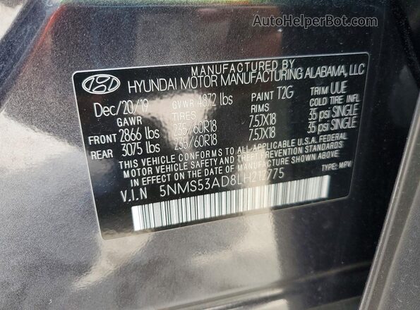 5NMS53AD8LH212775 2020 HYUNDAI SANTA Gray Вид наклейки з VIN-кодом
