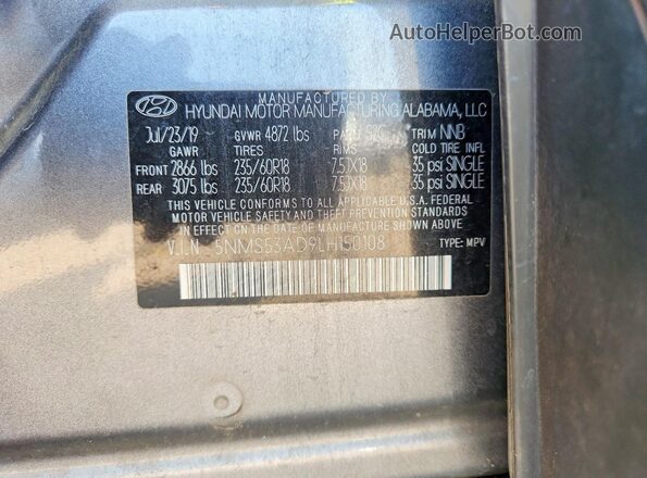 5NMS53AD9LH150108 2020 HYUNDAI SANTA Gray VIN sticker view