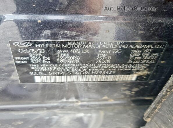 5NMS53AD9LH293429 2020 HYUNDAI SANTA Gray VIN კოდის სტიკერის ხედი