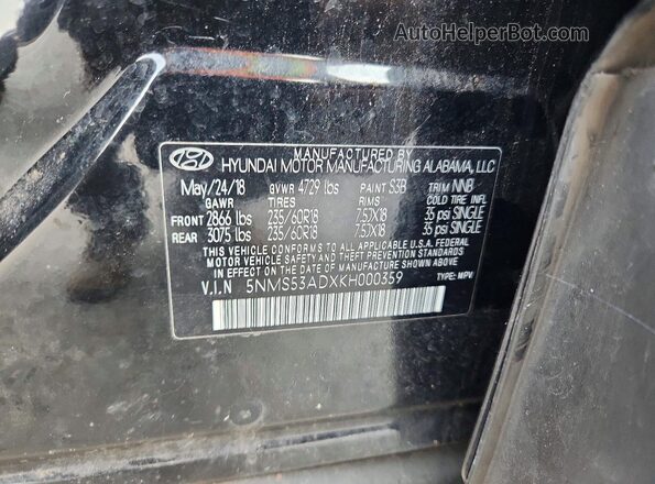 5NMS53ADXKH000359 2019 HYUNDAI SANTA Black ძრავის განყოფილების ხედი
