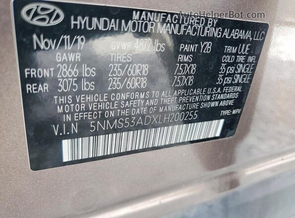 5NMS53ADXLH200255 2020 HYUNDAI SANTA Коричневый Вид наклейки с VIN-кодом