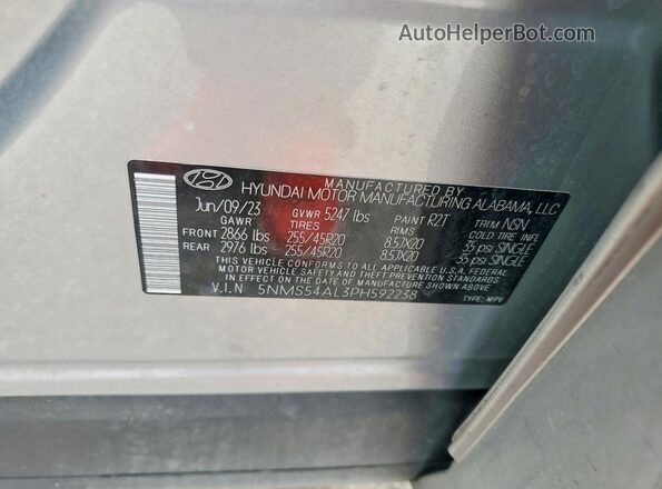 5NMS54AL3PH592238 2023 HYUNDAI SANTA Silver Vista de la etiqueta del VIN