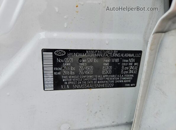 5NMS54AL5NH413209 2022 HYUNDAI SANTA White Вид наклейки з VIN-кодом