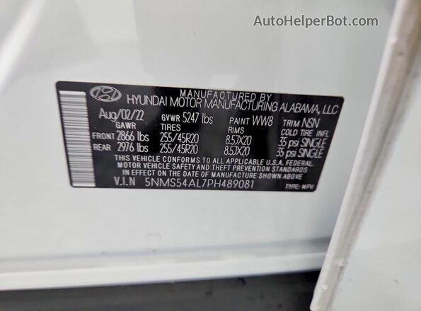 5NMS54AL7PH489081 2023 HYUNDAI SANTA Белый Вид наклейки с VIN-кодом