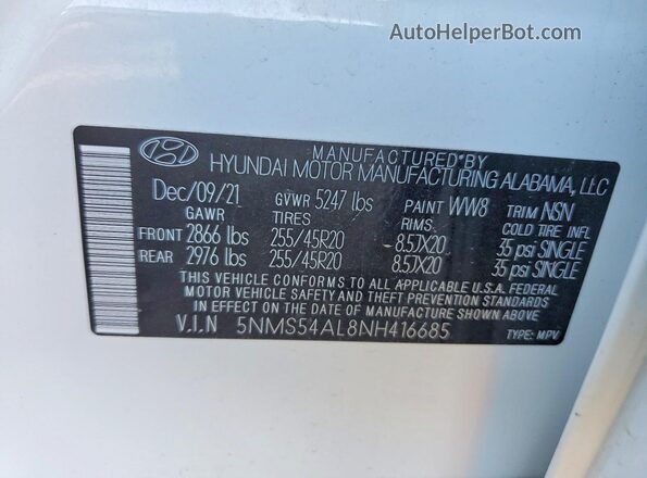 5NMS54AL8NH416685 2022 HYUNDAI SANTA White Вид наклейки з VIN-кодом