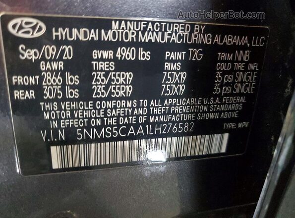 5NMS5CAA1LH276582 2020 HYUNDAI SANTA Gray 360 interior view