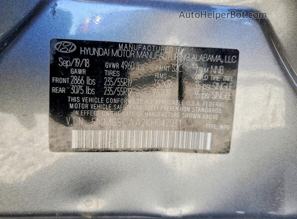 5NMS5CAA2KH042031 2019 HYUNDAI SANTA Charcoal Вид наклейки з VIN-кодом