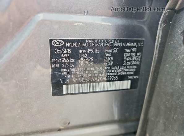 5NMS5CAA2KH059265 2019 HYUNDAI SANTA Gray Vista de la etiqueta del VIN