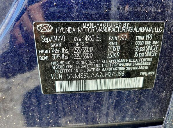 5NMS5CAA2LH275196 2020 HYUNDAI SANTA Blue Սալոնի 360 աստիճան տեսք