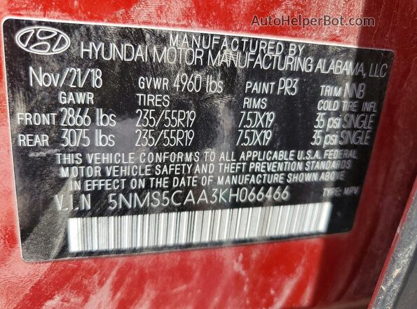 5NMS5CAA3KH066466 2019 HYUNDAI SANTA Red VIN sticker view