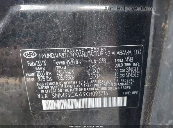 5NMS5CAA3KH093716 2019 HYUNDAI SANTA FE Black Շարժիչի բաժամունքի տեսք