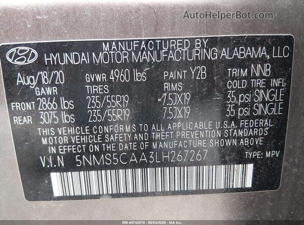 5NMS5CAA3LH267267 2020 HYUNDAI SANTA FE Brown Vista del compartimento del motor
