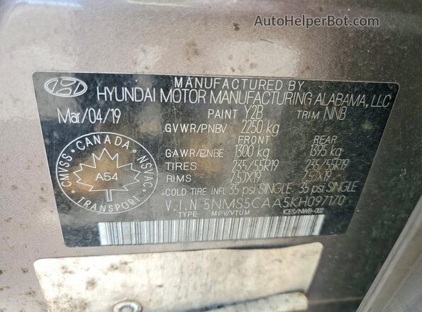5NMS5CAA5KH097170 2019 HYUNDAI SANTA Серый Вид наклейки с VIN-кодом